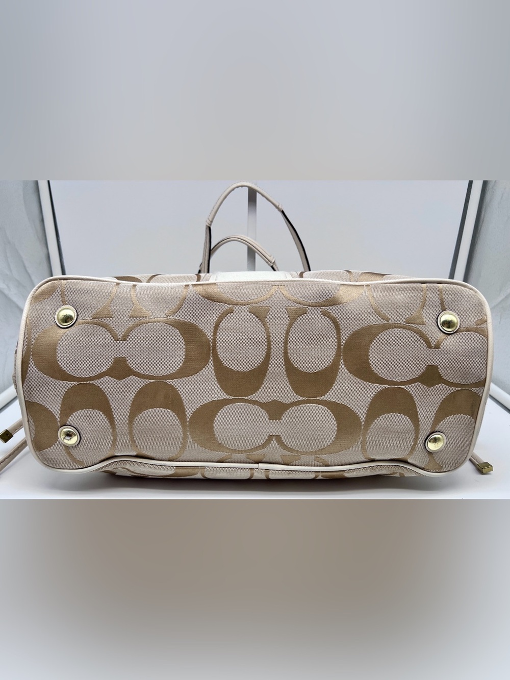 Coach Signature Stripe Carryall Bag Tote F21949 Khaki/Chalk - Picture 5 of 9
